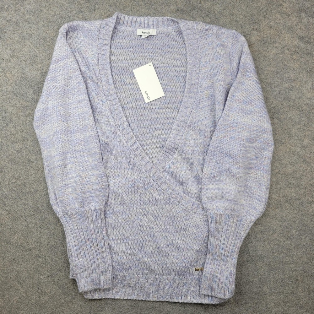 Kensie Sweater Womens Medium Purple Wrap Deep V Neck Acrylic Metallic Pullover